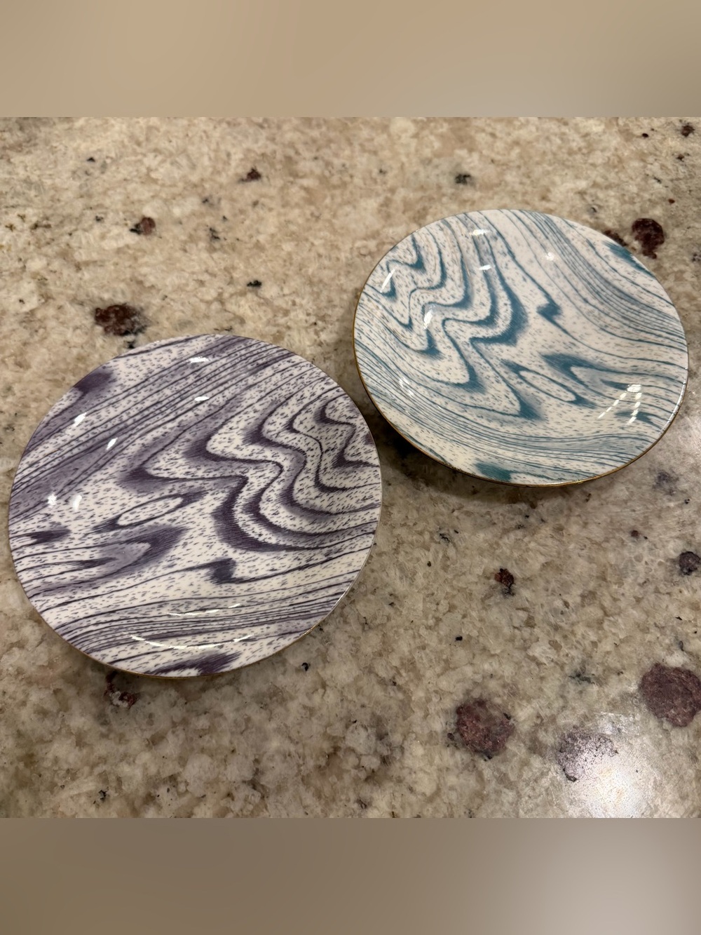 Anthropologie Faux Bois Wood Grain 6.5” Dessert Plates Set of 2 Blue Purple Gold